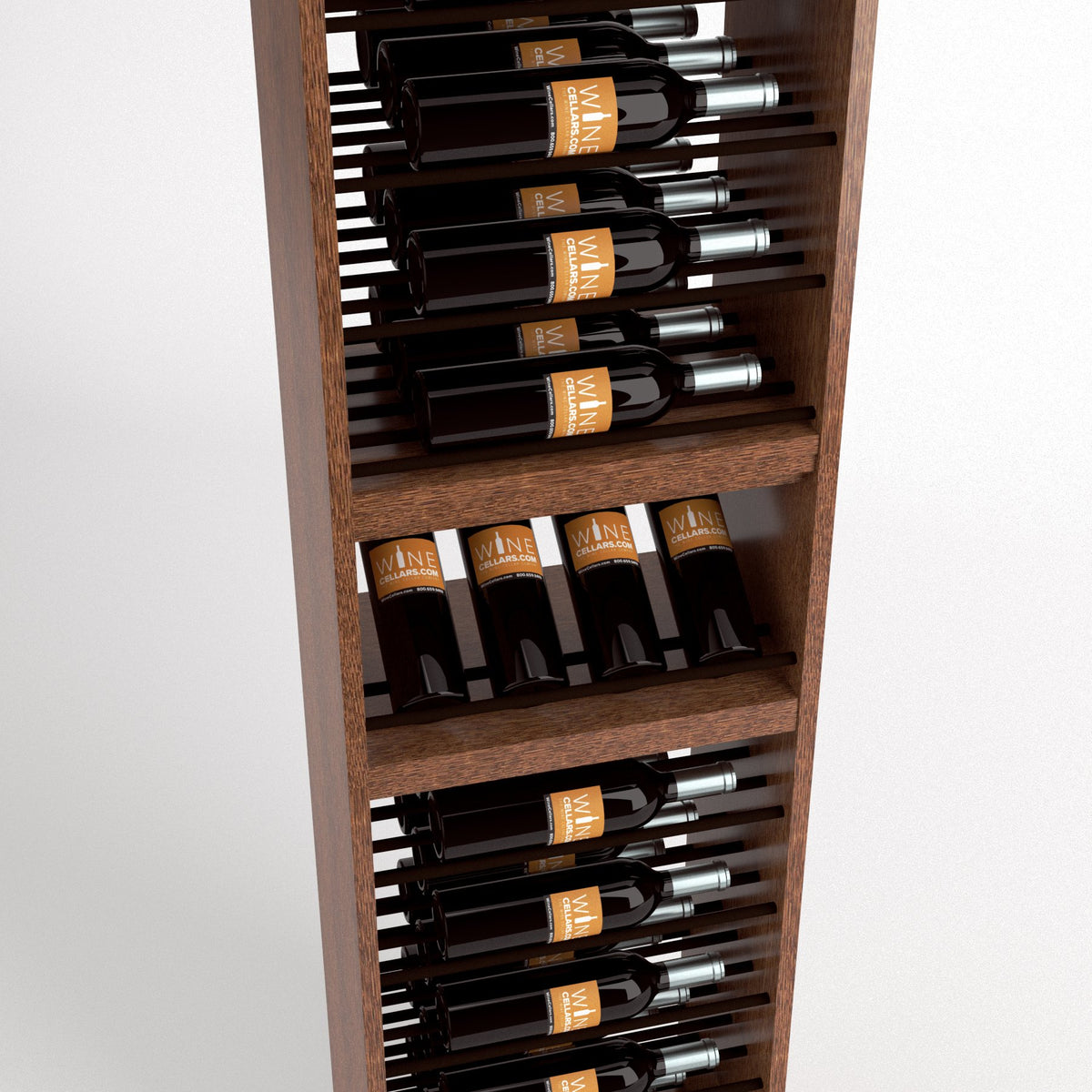 Close angled view of espresso wood wine rack with bottle slots and multiple wine bottles