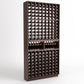Dark wood wine bottle display rack with grid slots and two front wine shelves