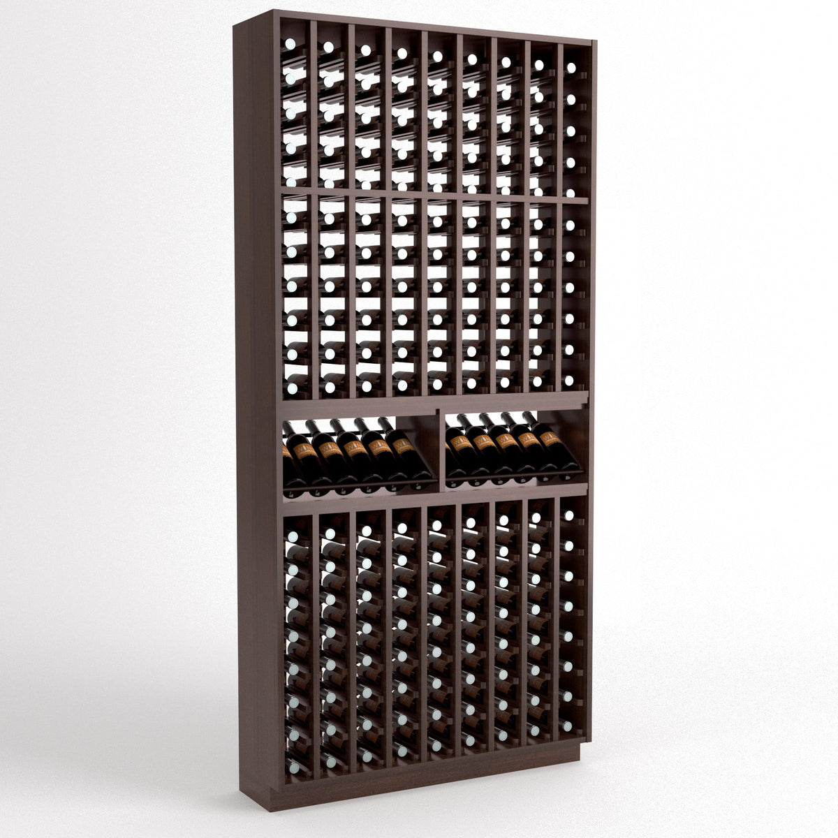 Dark wood wine bottle display rack with grid slots and two front wine shelves