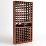 Wood wine bottle display rack with grid slots and two front wine shelves