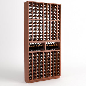 Wood wine bottle display rack with grid slots and two front wine shelves