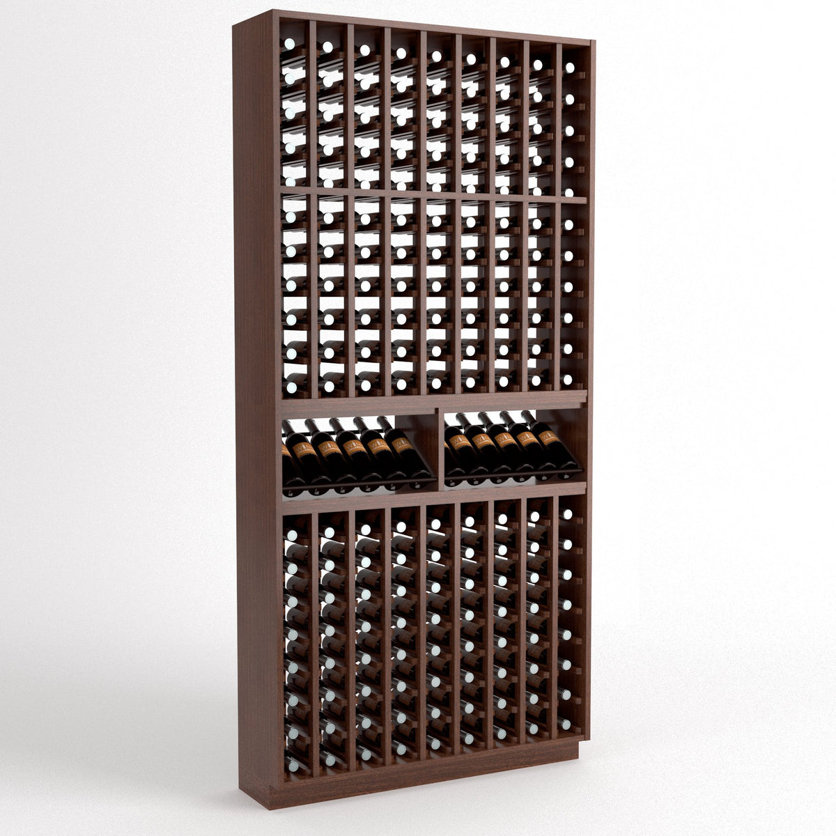 Front view 9-column wine bottle rack with bottle cubbies and two curved display shelves
