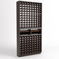 9-column wine bottle cellar rack with two display rows, dark wood frame, bottle slots