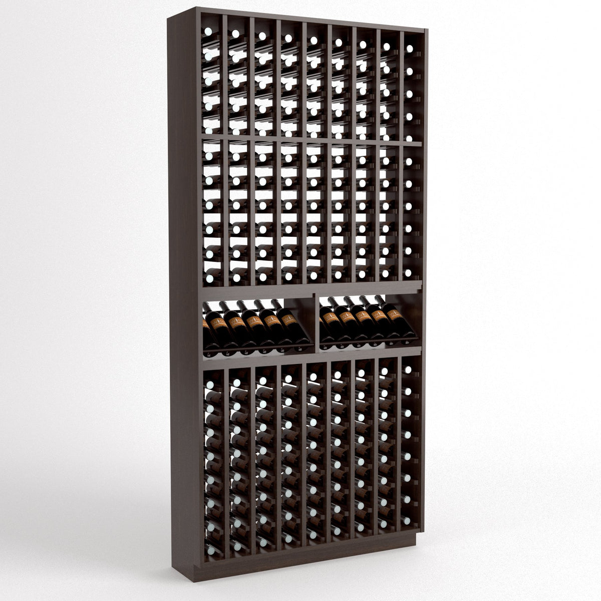 9-column wine bottle cellar rack with two display rows, dark wood frame, bottle slots