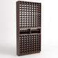 Tall 9-column wine rack with upper display rows, dark wood frame, bottle cubbies