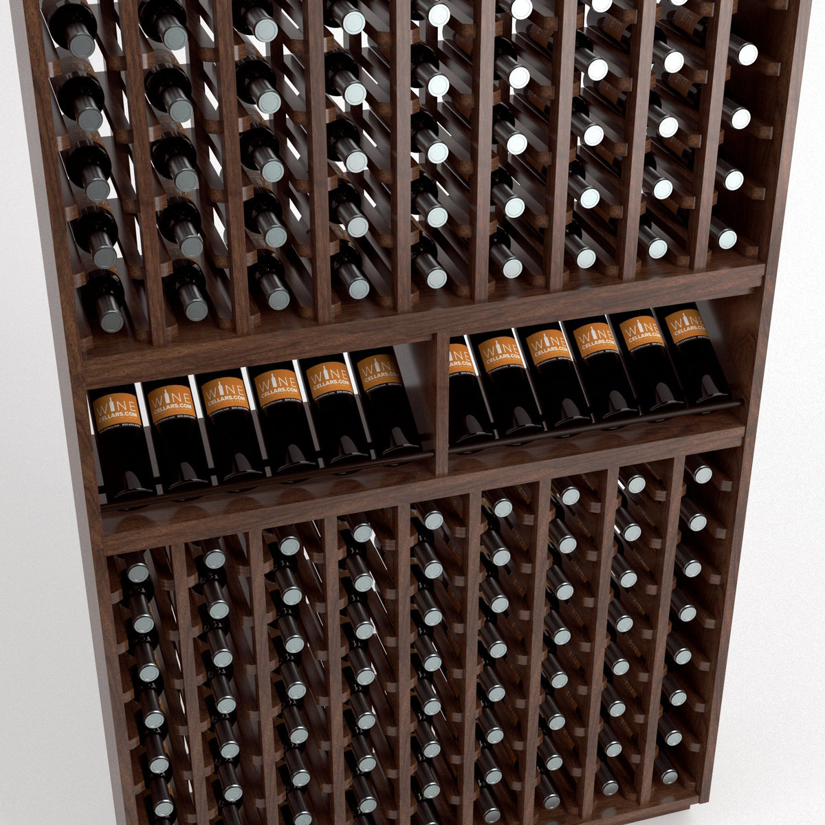 Angled close-up of medium brown wine rack with bottle slots and upper display shelf