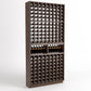9-column wine bottle cellar rack with dark wood frame, bottle slots, and display row