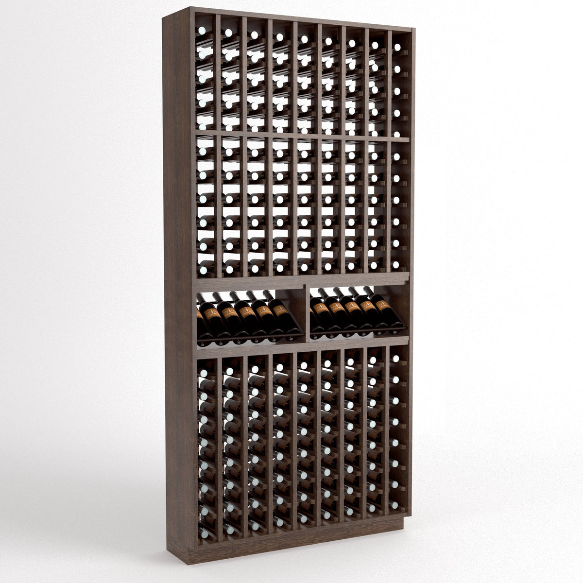 9-column wine bottle cellar rack with dark wood frame, bottle slots, and display row