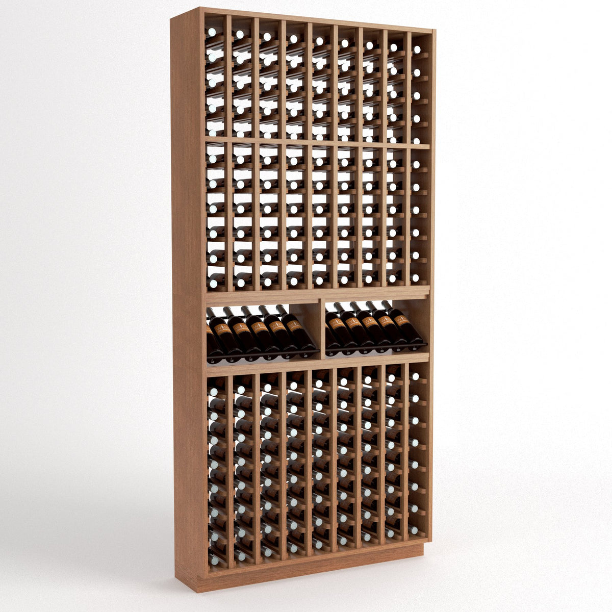 Medium brown 9-column wine bottle rack with two display rows and bottle cubbies