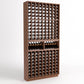 9-column wine bottle rack with two upper display shelves, medium brown wood frame