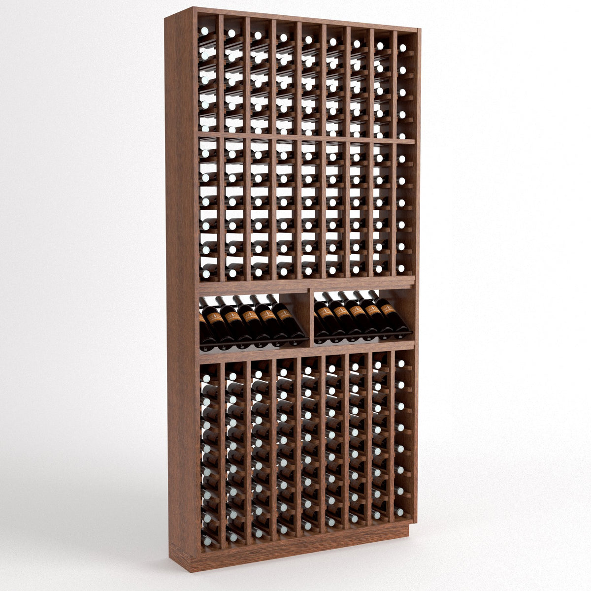 9-column wine bottle rack with two upper display shelves, medium brown wood frame