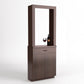 Wine tasting cabinet with mirror panel, wine bottle, and stemmed glasses