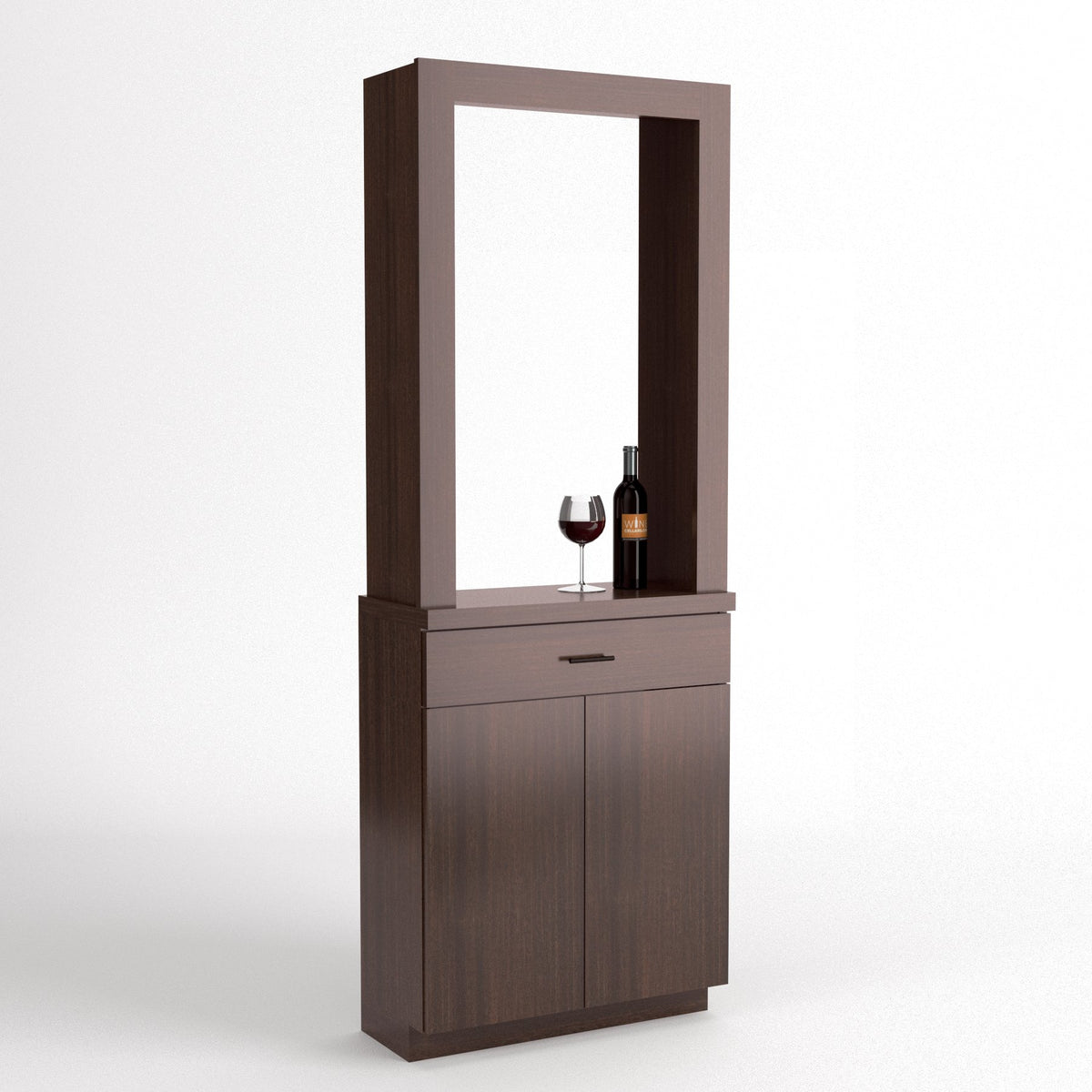 Wine tasting cabinet with mirror panel, wine bottle, and stemmed glasses