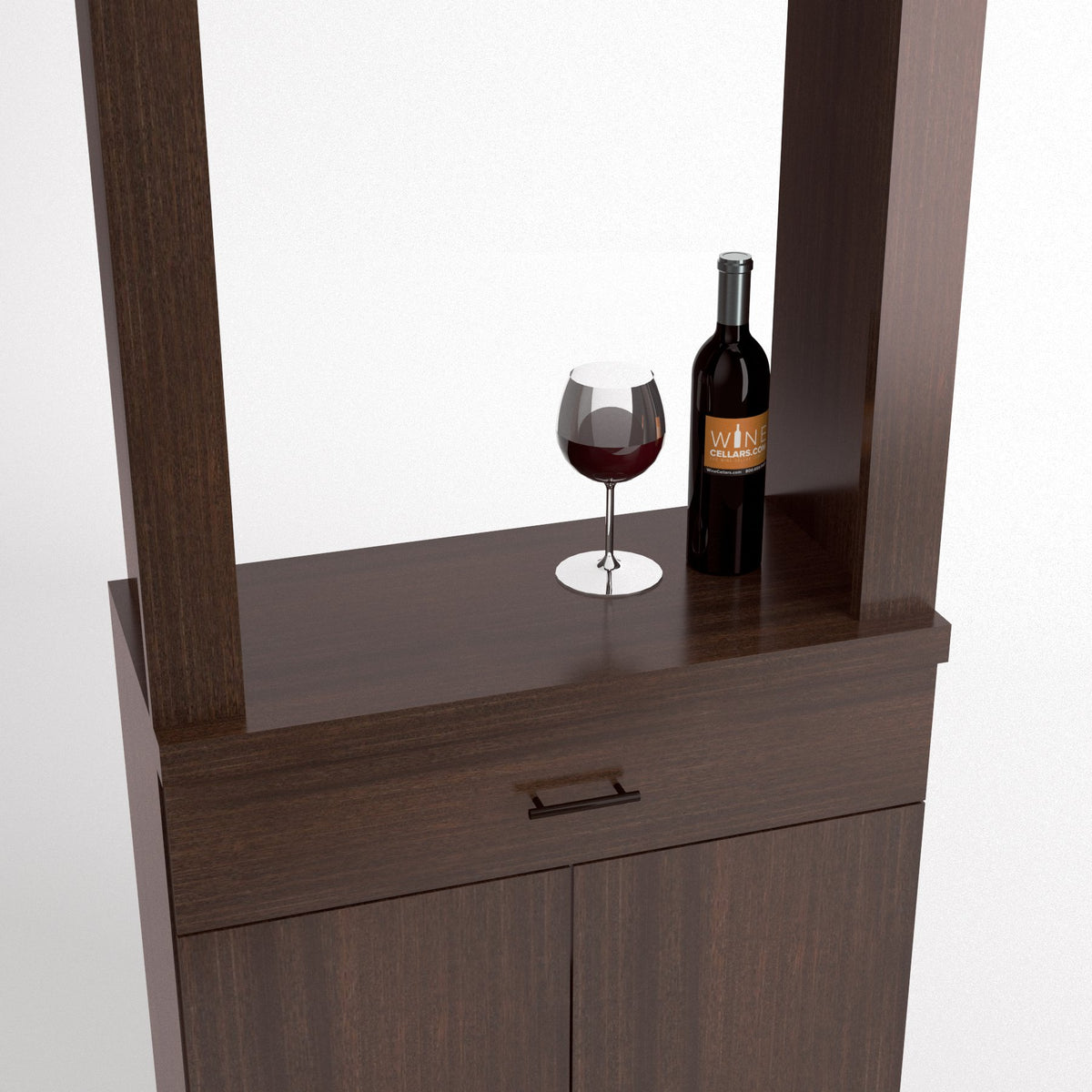 Wine tasting cabinet with mirror shelf, wine bottle, and stemmed glass on bar top