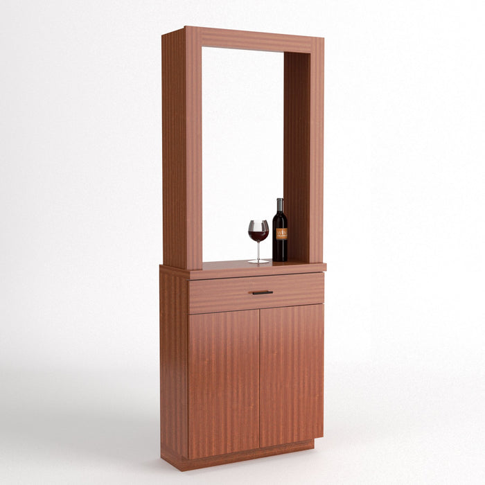 Wine tasting cabinet with mirror panel in warm wood, wine bottle, and stemmed glass