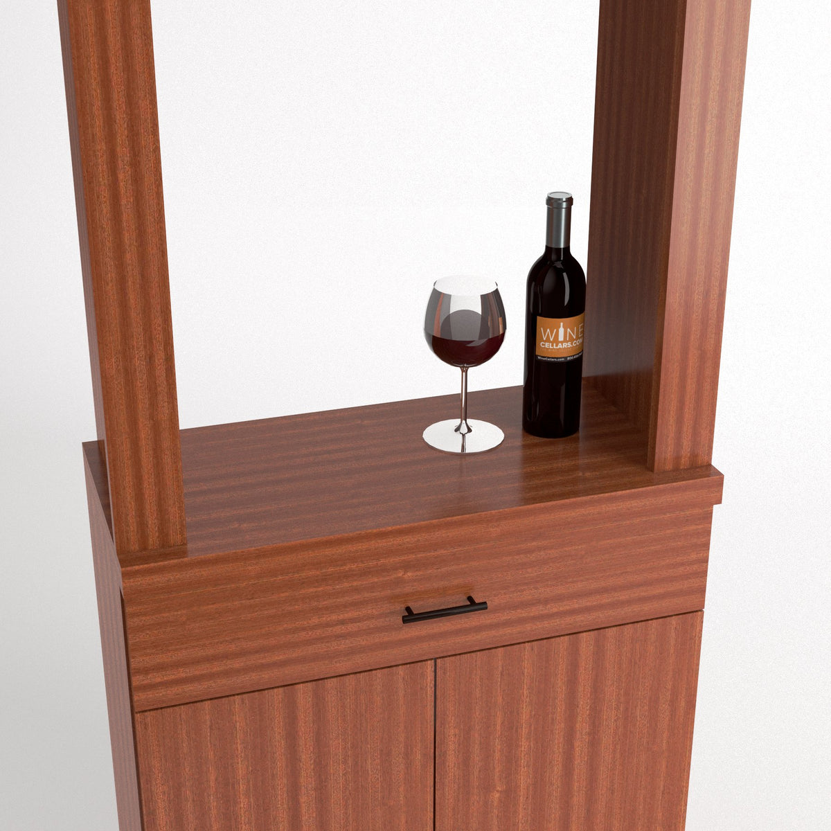 Wine tasting cabinet with mirror shelf, wine bottle, and stemmed glass on bar top