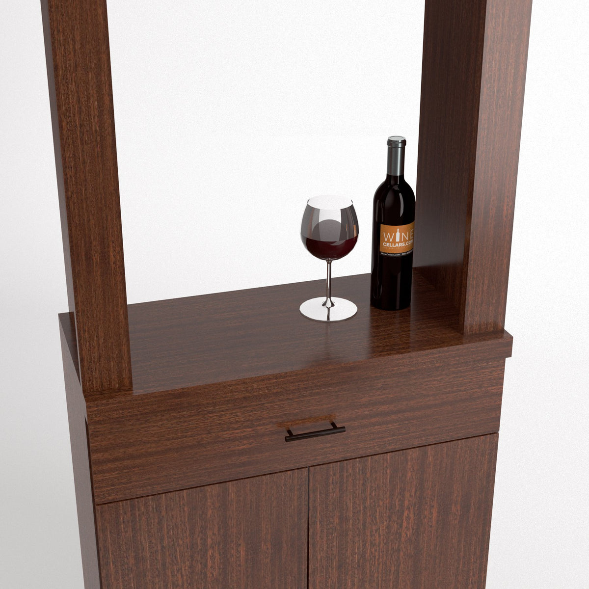 Wine tasting cabinet with mirror shelf and stemmed glass beside wine bottle