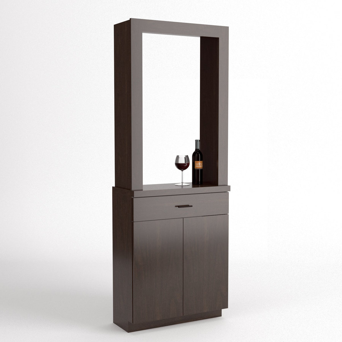 Wine tasting cabinet with mirror panel and lower cabinet with two doors