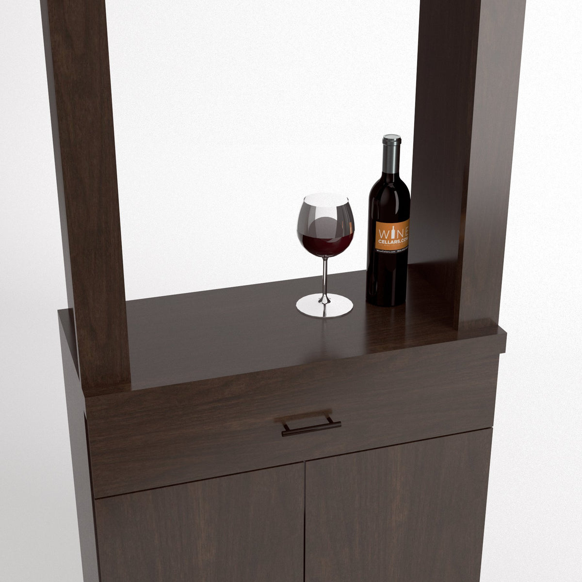 Wine tasting cabinet with mirror shelf, wine bottle, and stemmed glass on bar top