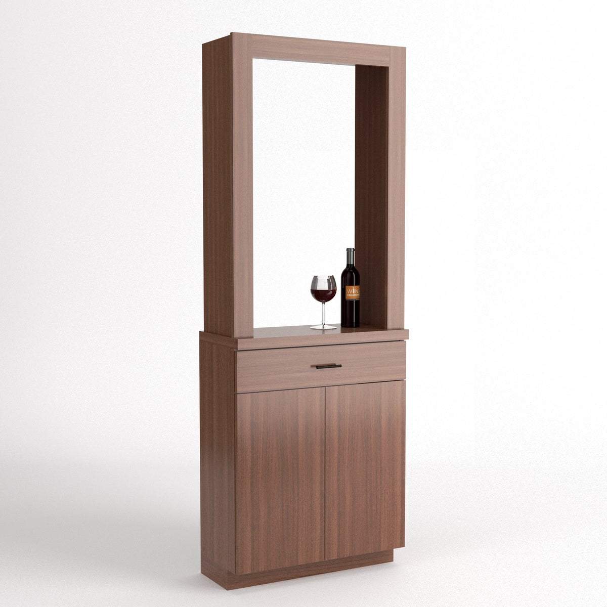 Wine tasting cabinet with mirror panel and lower storage cabinet doors in warm wood
