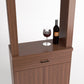 Wine tasting cabinet with mirror shelf, wine bottle, and stemmed glass on bar top