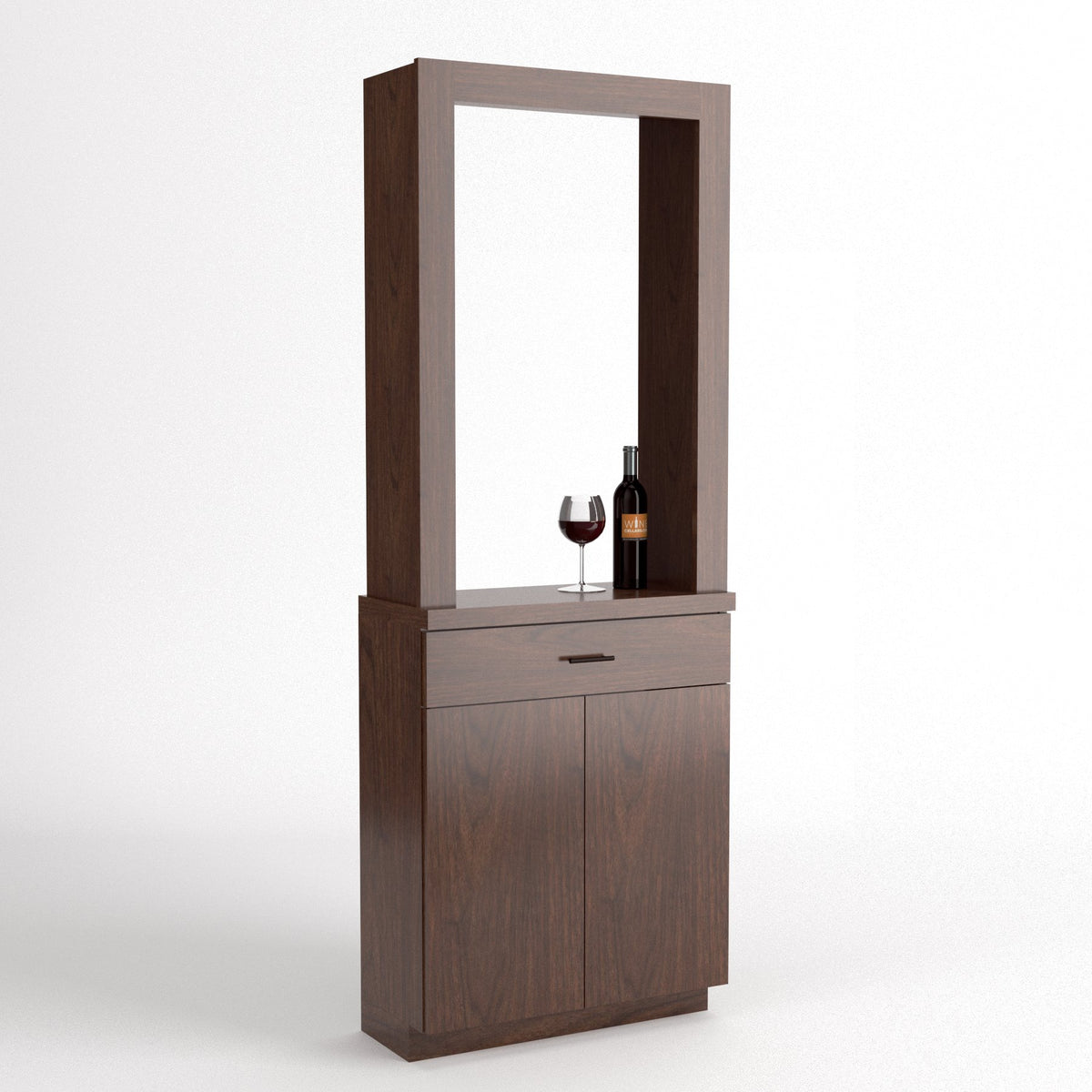 Dark wood tasting station cabinet with open display frame, drawer, and storage doors.