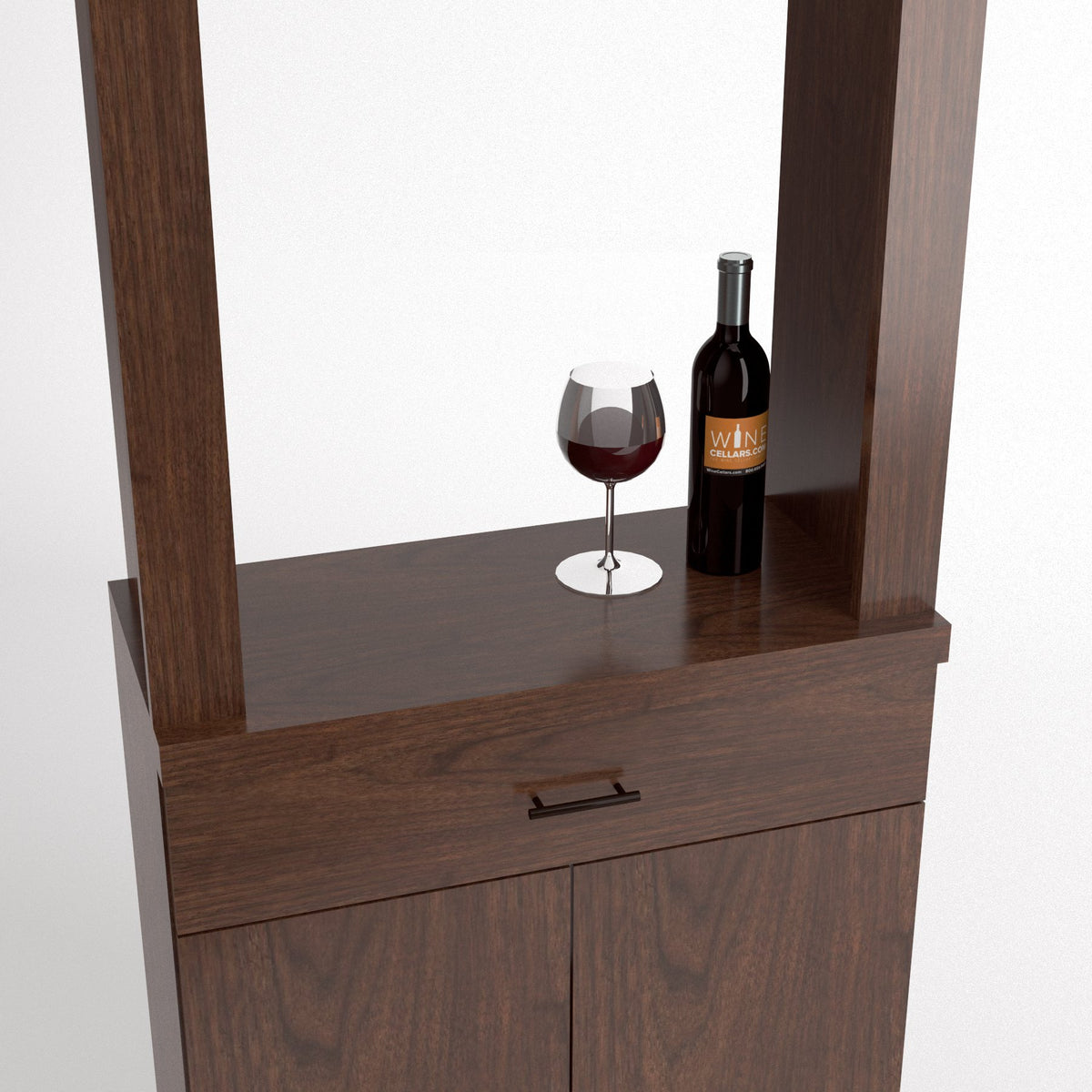 Dark wood tasting station cabinet front with central top opening, handle drawer, and doors.