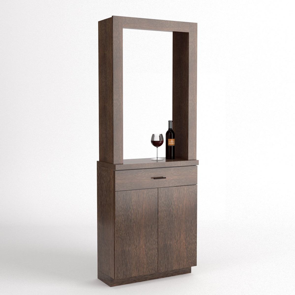Dark wood cabinet tasting station with open frame and two doors below; wine glass display.