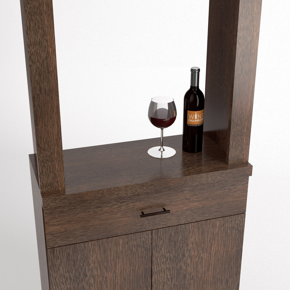 Dark wood tasting station with open top display, front drawer, and two-panel cabinet doors.