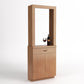 Light wood tasting station cabinet with open display frame, drawer, and two storage doors.