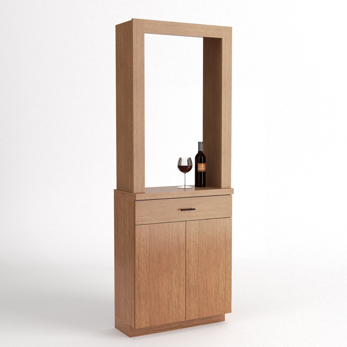 Light wood tasting station cabinet with open display frame, drawer, and two storage doors.