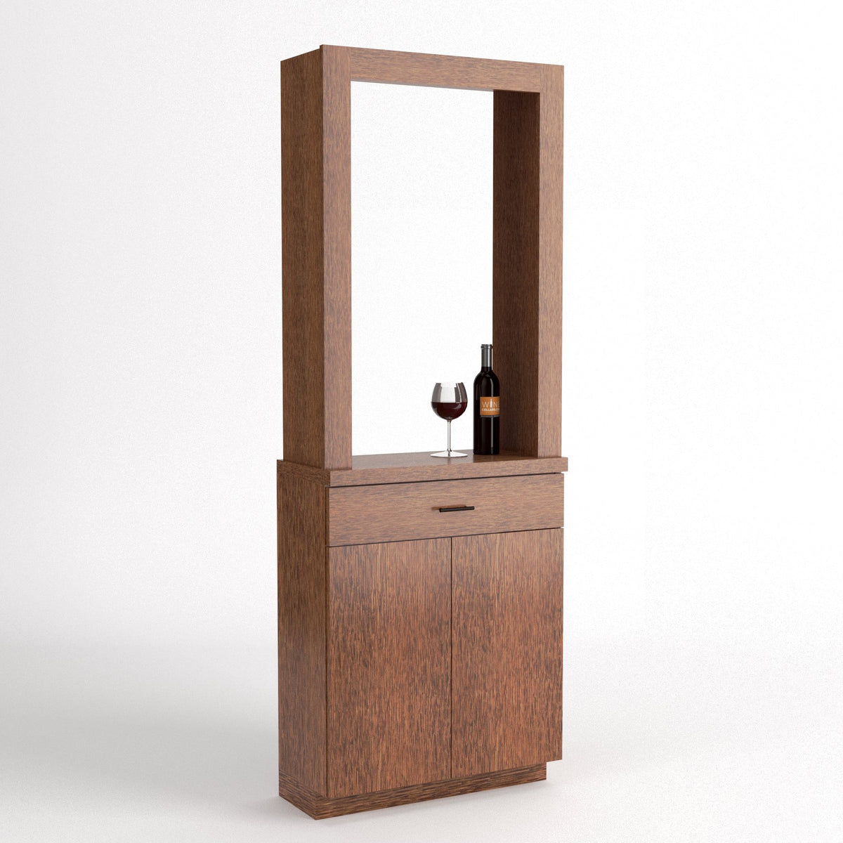 Light wood cabinet tasting station with open frame and lower storage doors; wine glass shown.