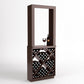 Gray-toned wood wine tasting station with wine glass and bottle on top, front wine rack.