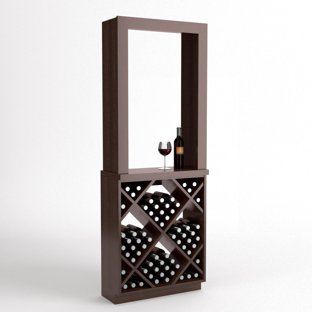Gray-toned wood wine tasting station with wine glass and bottle on top, front wine rack.