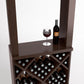 Dark wood wine tasting station top with bottle, wine glass, and diamond-cube rack