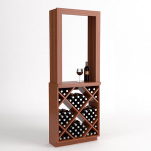 Light wood wine tasting station with diamond-cube wine rack and tall display frame