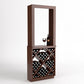 Brown wood wine tasting station with diamond-cube bottle rack and glass display