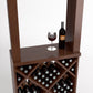 Light wood wine tasting station with bottle, wine glass, and diamond-cube wine rack