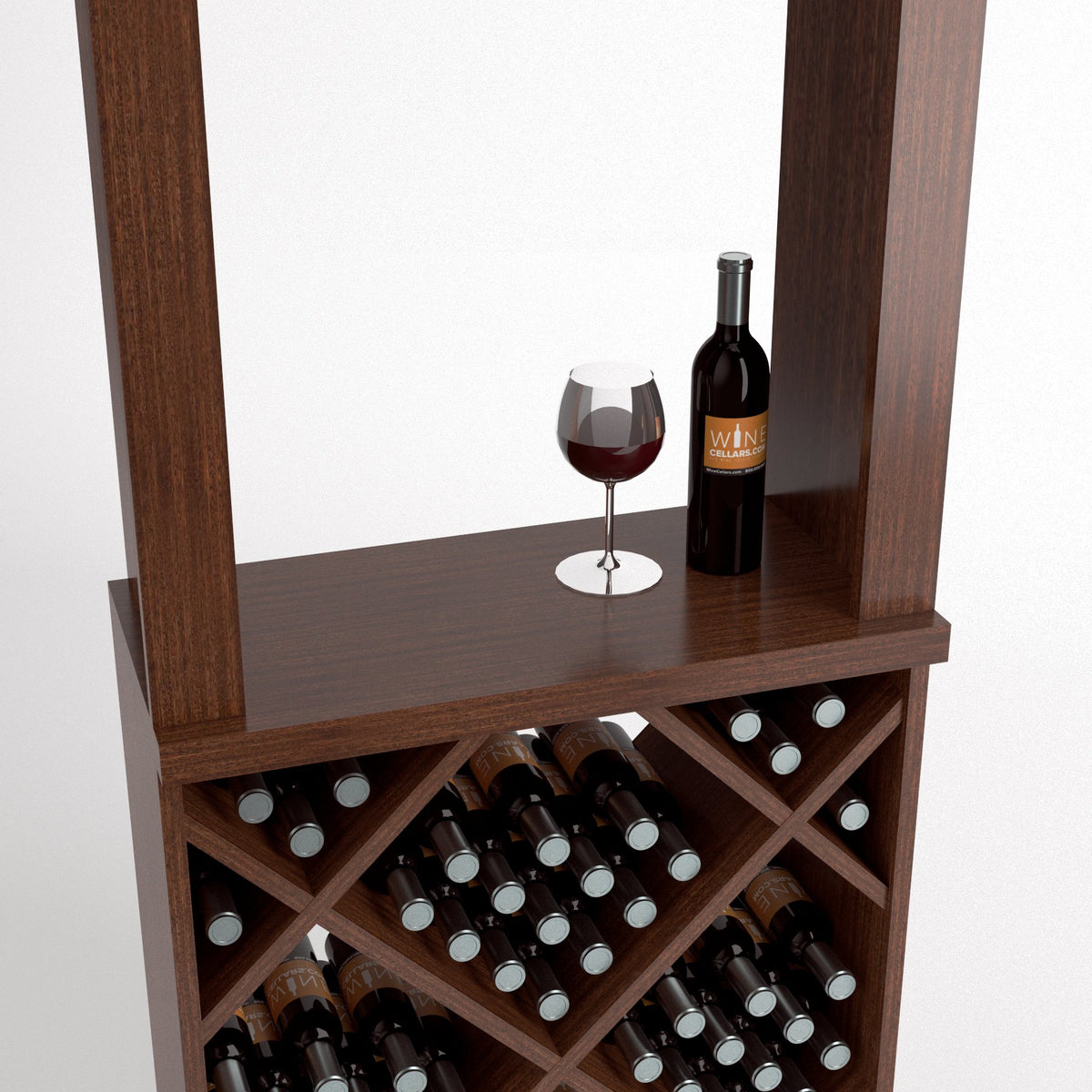 Light wood wine tasting station with bottle, wine glass, and diamond-cube wine rack