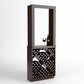 Full view gray-toned wood wine tasting station with top display frame and diamond bottle rack.