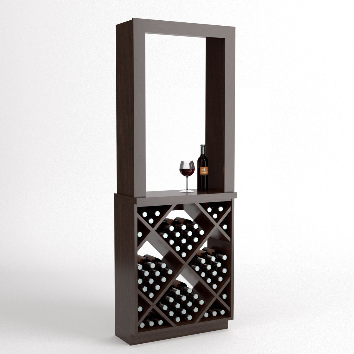 Full view gray-toned wood wine tasting station with top display frame and diamond bottle rack.