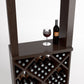 Dark wood tasting station with wine bottle, goblet glass, and diamond-cube wine rack