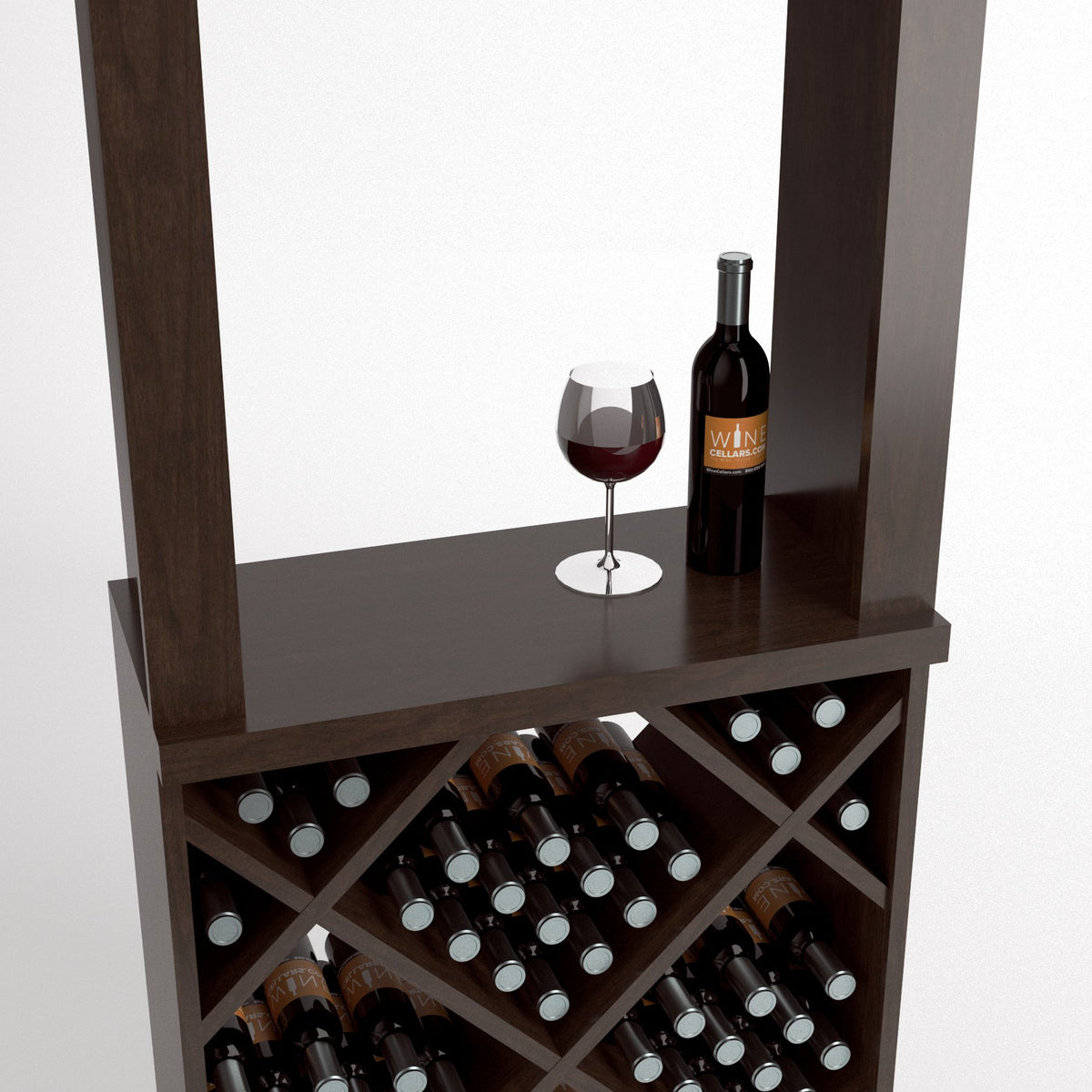 Dark wood tasting station with wine bottle, goblet glass, and diamond-cube wine rack