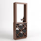 Light wood wine tasting station with diamond-cube bottle rack and display frame