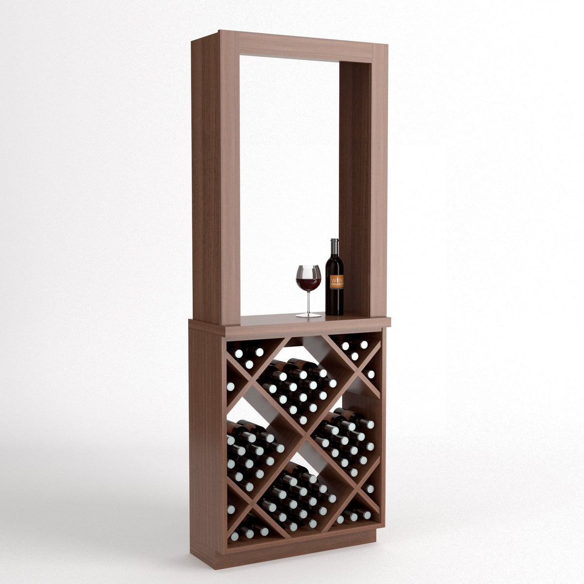 Light wood wine tasting station with diamond-cube bottle rack and display frame