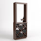 Dark wood wine tasting station with diamond-cube wine rack and display frame