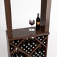 Dark wood wine tasting station with diamond cube rack, holds wine bottles and glasses.