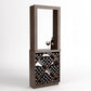 Dark wood wine tasting station with diamond-cube bottle storage and display opening