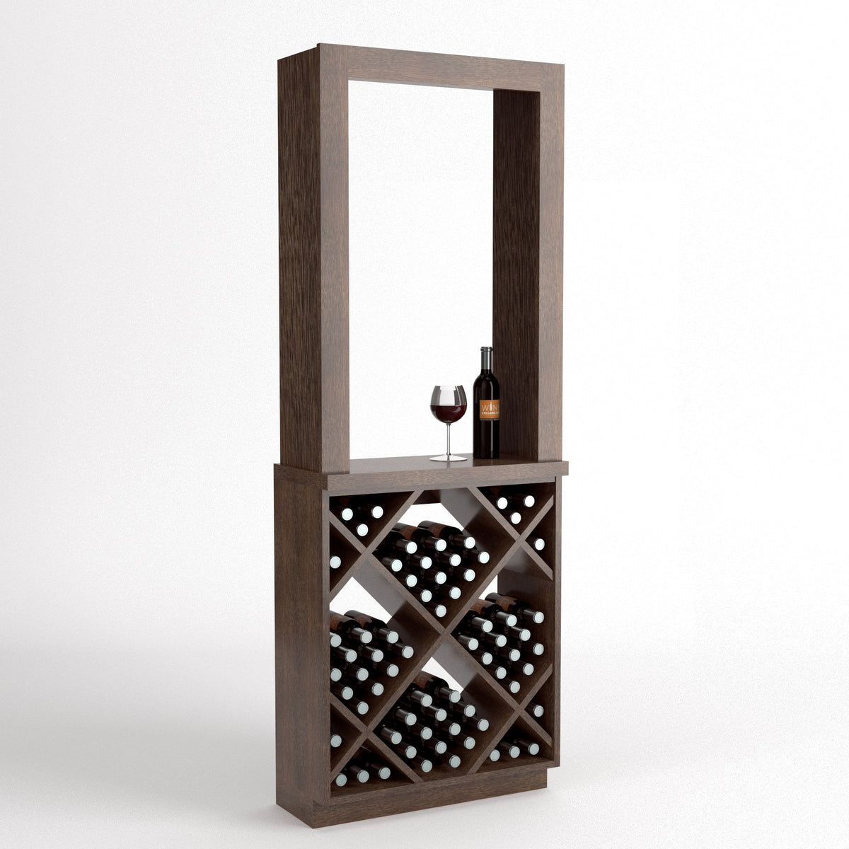 Dark wood wine tasting station with diamond-cube bottle storage and display opening