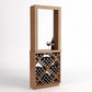 Light wood wine tasting station featuring diamond-cube bottle rack and tall display frame